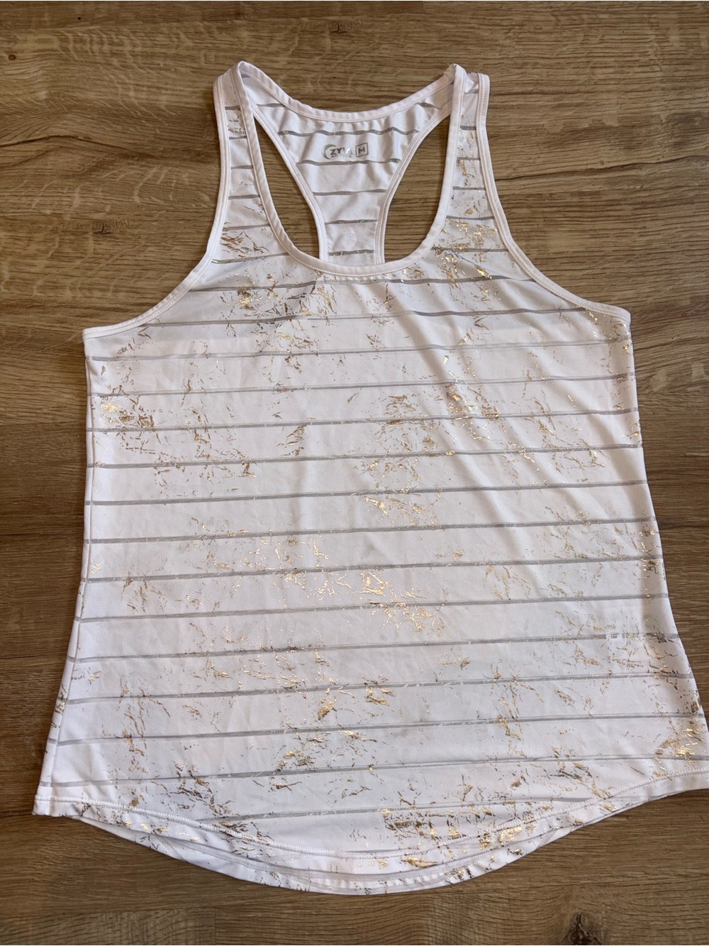 Zyia Active Women’s White Striped Racerback Tank with Gold Foil Detail Sz medium